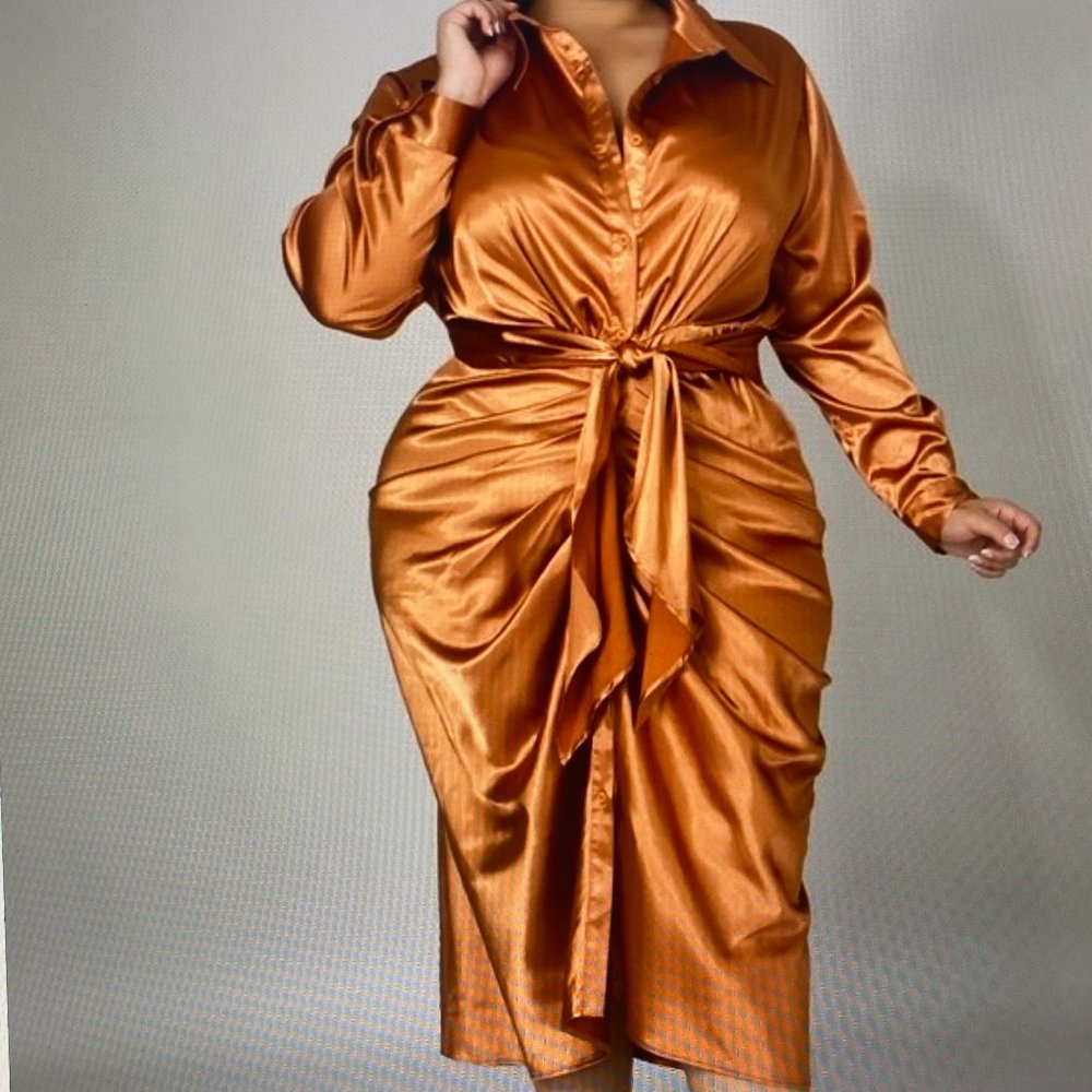 PLUS SIZE | Cognac Self-Tie Dress [BRAND NEW]